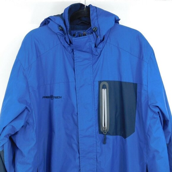 Free Tech Coat Mens Sz XL 46-48 Navy Blue Removeable Hood Medium Weight Pockets - Picture 2 of 9